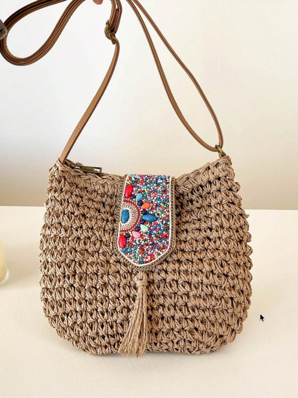 Boho colorful Beaded Straw Shoulder Crossbody Bag - Picture 2 of 7